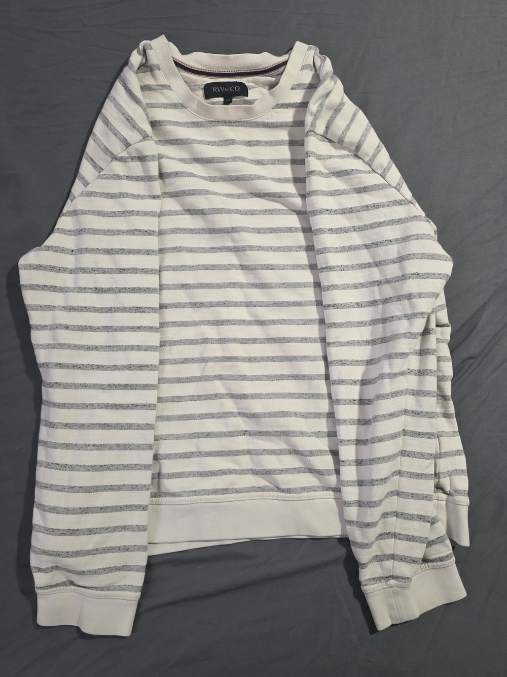 RW&CO. Men's White and Gray Striped Crewneck Sweater